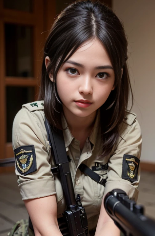 (RAQ photos, ultra-realistic, (masterpiece), The images are realistic in capturing the image of a very beautiful female soldier, a Japanese girl, with a perfect figure, the picture has three detailed patterns, full body with a six pack, performing her duties. holding weapons of war Beautiful female soldier with a gun and a helmet, infantry girl, military girl, soldier girl, beautiful female soldier, airsoft cqb, ready for combat, wearing tactical gear, closeup portrait shot, m4 sopmod ii girls frontline, cinematic shot ar 9:16 -n 6 -g, military photography, of a sniper girl in war, portrait shot