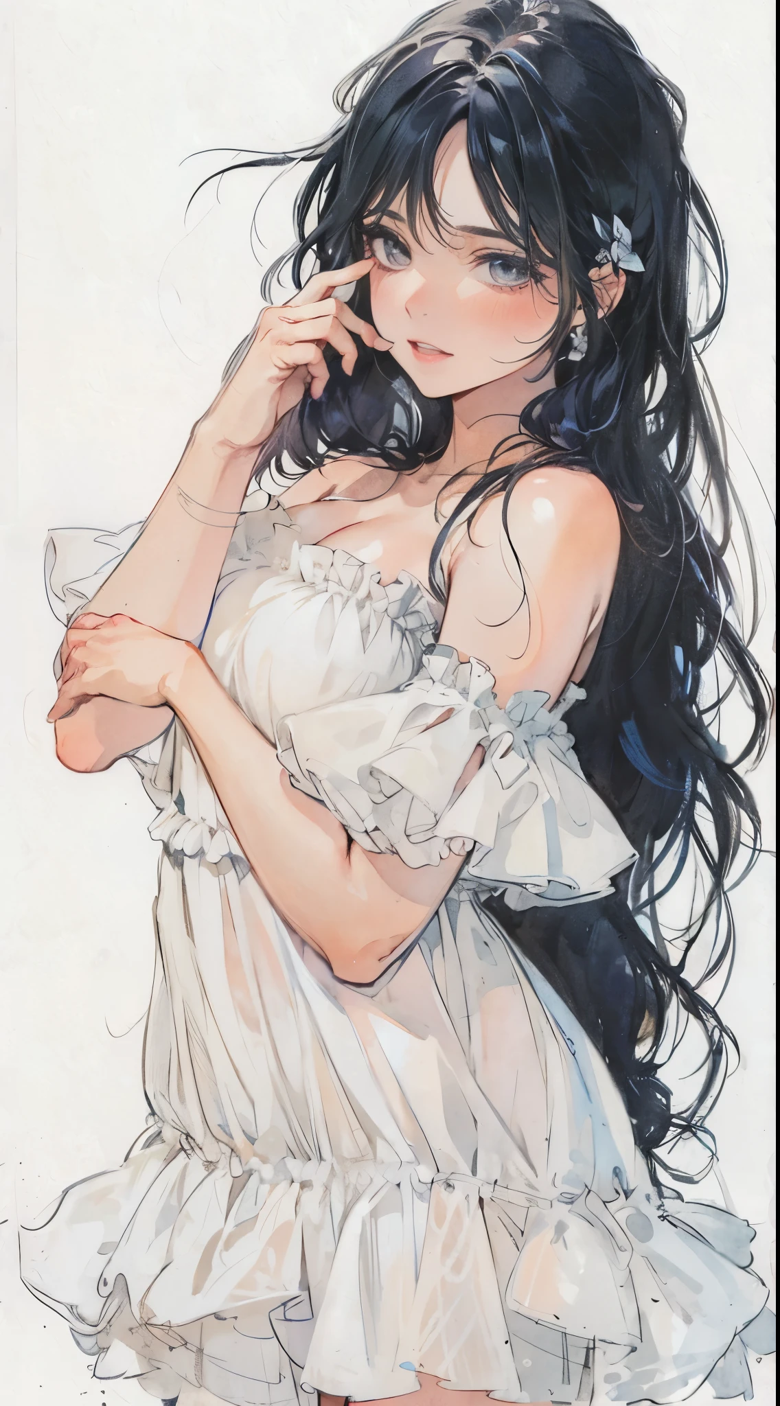 Beautiful young girl, big breasts, long fluffy black hair, low twin tails, white chiffon dress, fluffy dress, finger to lips, bending forward, top shot,Clear line drawing, transparent watercolor, clear shading, high quality, amount of drawing, pixiv illustration