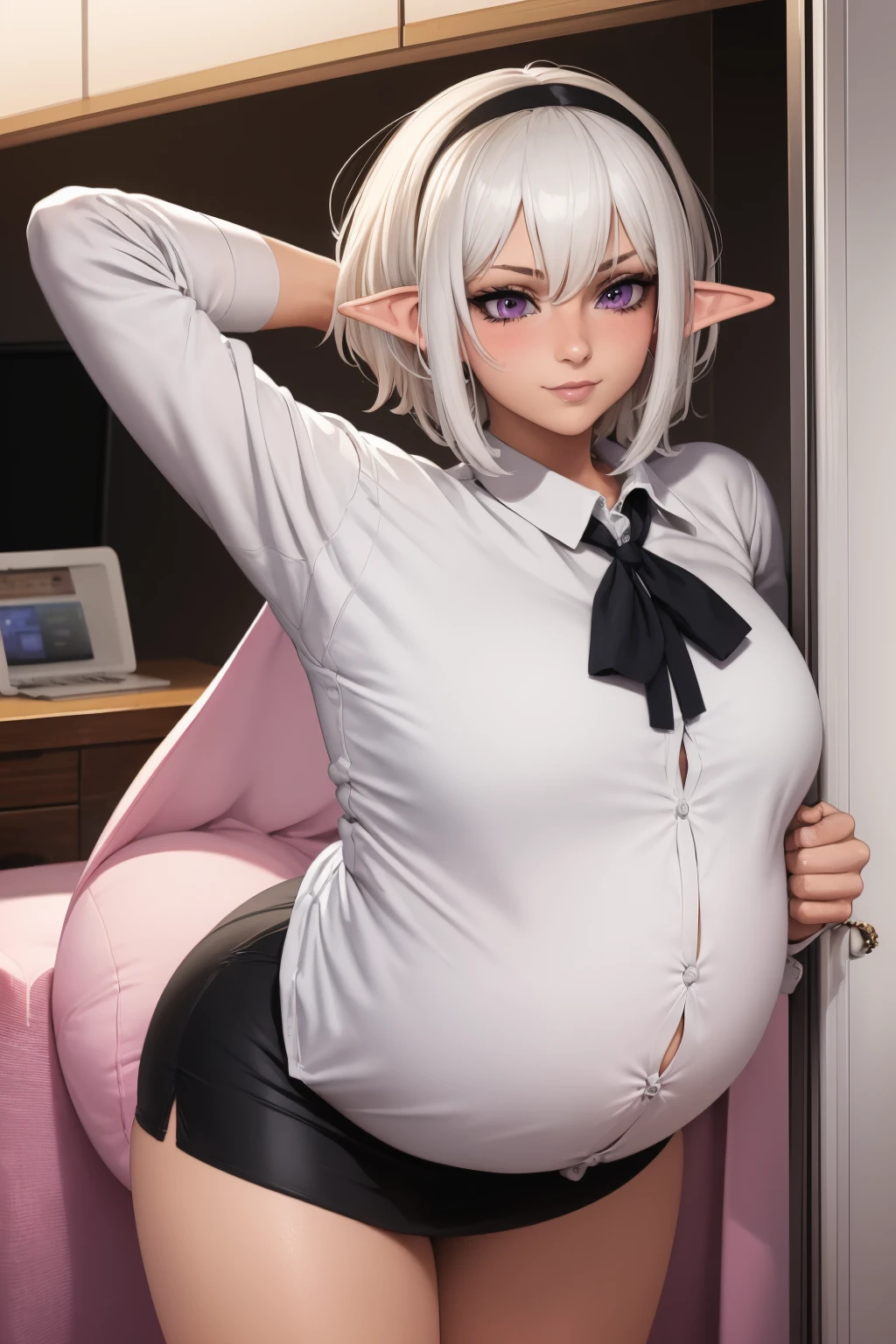 (best quality,masterpiece:1.3),(mature woman, milf), tall, anime, masterpiece, beautiful eyes, best quality, detailed face, 1girl, solo, beautiful, elf_ears, silver_hair, white_hair, purple_eyes, smiling, blushing, straining against shirt, button pop, office, office manager, white buttoned shirt, tight skirt, pencil skirt, pregnant, bellyheavy, hyperpreg, huge belly, short_hair, bloated belly, stuffed belly, black tights, plump, simple black headband, sciamano240, soft shading, detailed, semi-realistic,