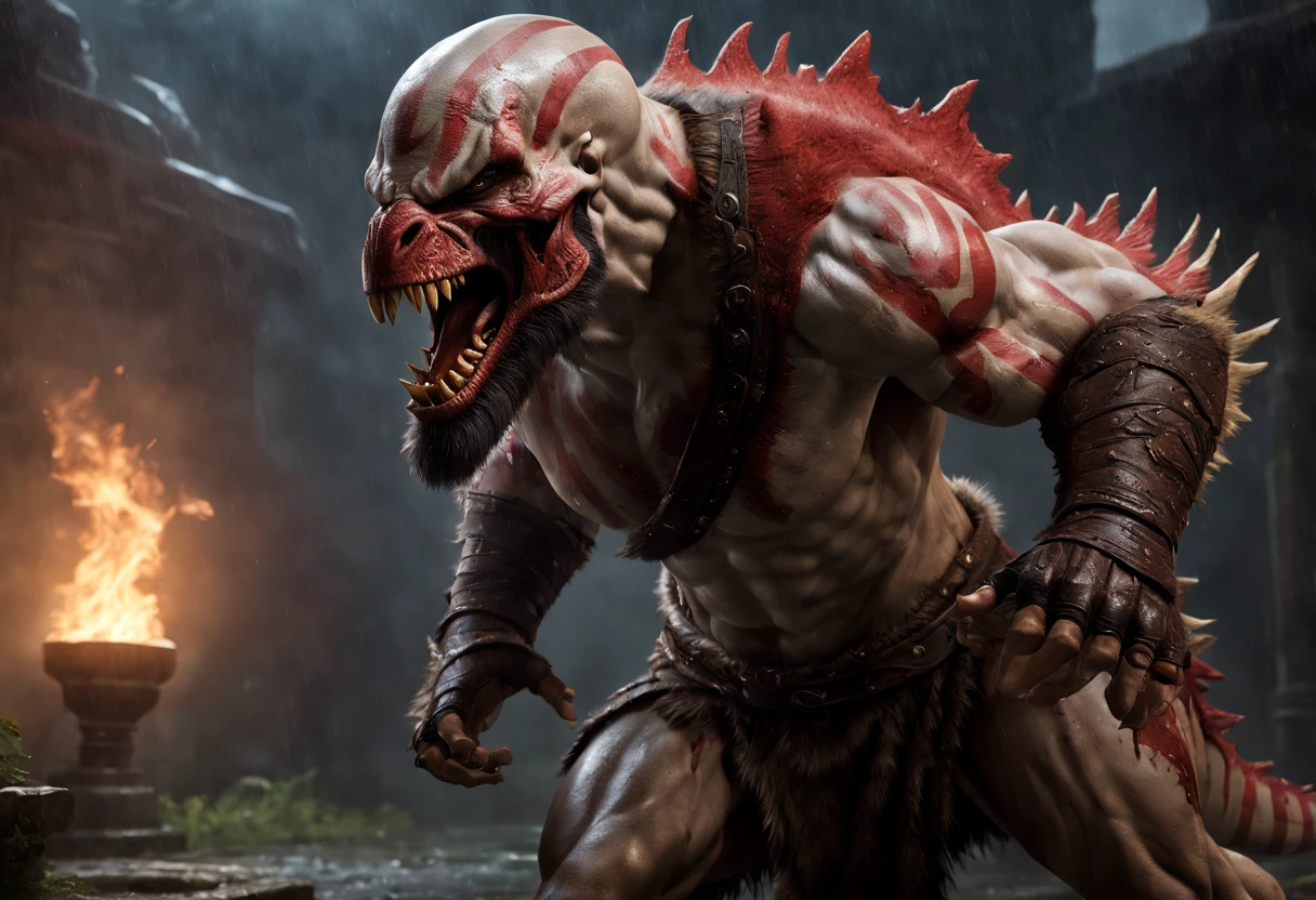(professional 3d render:1.3) af (Realistic:1.3) most beautiful artwork photo in the world，Features soft and shiny male heroes, ((Epic hero fantasy muscle man KRATOS rough wet hero angry look long hair short beard and ferocious expression in dynamic pose, Fighting giant muscular T-Rex Theriantrophy ready to fight it. (BACK ANGLE) , Fantastic location, Majestic cluttered environment)), full body 8k unity render, action shot, skin pore, very dark lighting, heavyshading, Detailed, Detailed face, (vibrant, photograph realistic, Realistic, Dramatic, Dark, Sharp focus, 8K), (Old leather garments damaged by weathering:1.4), ((((Wear fur)))), (Intricate:1.4), decadent, (Highly detailed:1.4), Digital painting, rendering by octane, art stations, concept-art, smooth, Sharp focus, illustration, Art germ, (loish:0.23), wlop ilya kuvshinov, and greg rutkowski and alphonse mucha gracias, (Global illumination, Studio light, volumettic light), heavy rain, particles floating, lotr, fantasy, elf, full bodyesbian, ((Dark and ancient city background:1.3)),CGSesociety,art stations,ray tracing, Bokeh