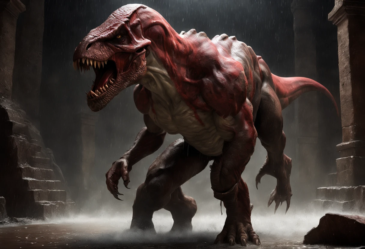 (professional 3d render:1.3) af (Realistic:1.3) most beautiful artwork photo in the world，Features soft and shiny male heroes, ((Epic hero fantasy muscle man KRATOS rough wet hero angry look long hair short beard and ferocious expression in dynamic pose, Fighting giant muscular T-Rex Theriantrophy ready to fight it. (BACK ANGLE) , Fantastic location, Majestic cluttered environment)), full body 8k unity render, action shot, skin pore, very dark lighting, heavyshading, Detailed, Detailed face, (vibrant, photograph realistic, Realistic, Dramatic, Dark, Sharp focus, 8K), (Old leather garments damaged by weathering:1.4), ((((Wear fur)))), (Intricate:1.4), decadent, (Highly detailed:1.4), Digital painting, rendering by octane, art stations, concept-art, smooth, Sharp focus, illustration, Art germ, (loish:0.23), wlop ilya kuvshinov, and greg rutkowski and alphonse mucha gracias, (Global illumination, Studio light, volumettic light), heavy rain, particles floating, lotr, fantasy, elf, full bodyesbian, ((Dark and ancient city background:1.3)),CGSesociety,art stations,ray tracing, Bokeh