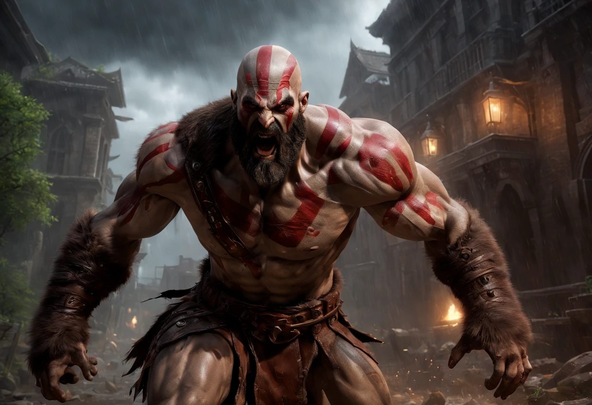 (professional 3d render:1.3) af (Realistic:1.3) most beautiful artwork photo in the world,Features soft and shiny male heroes, ((Epic hero fantasy muscle man KRATOS rough wet hero angry look long hair short beard and ferocious expression in dynamic pose, Fighting giant muscular T-Rex Theriantrophy ready to fight it. (BACK ANGLE) , Fantastic location, Majestic cluttered environment)), full body 8k unity render, action shot, skin pore, very dark lighting, heavyshading, Detailed, Detailed face, (vibrant, photograph realistic, Realistic, Dramatic, Dark, Sharp focus, 8K), (Old leather garments damaged by weathering:1.4), ((((Wear fur)))), (Intricate:1.4), decadent, (Highly detailed:1.4), Digital painting, rendering by octane, art stations, concept-art, smooth, Sharp focus, illustration, Art germ, (loish:0.23), wlop ilya kuvshinov, and greg rutkowski and alphonse mucha gracias, (Global illumination, Studio light, volumettic light), heavy rain, particles floating, lotr, fantasy, elf, full bodyesbian, ((Dark and ancient city background:1.3)),CGSesociety,art stations,ray tracing, Bokeh