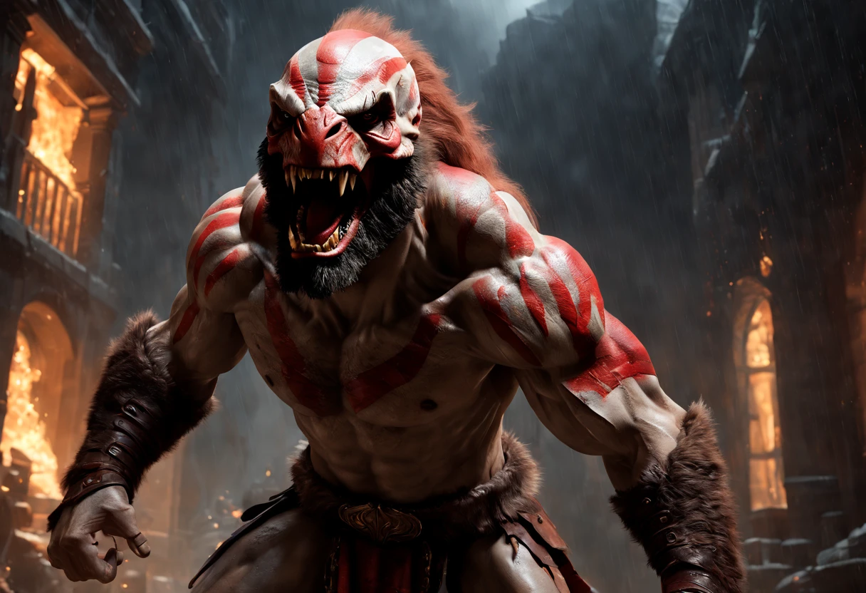 (professional 3d render:1.3) af (Realistic:1.3) most beautiful artwork photo in the world,Features soft and shiny male heroes, ((Epic hero fantasy muscle man KRATOS rough wet hero angry look long hair short beard and ferocious expression in dynamic pose, Fighting giant muscular T-Rex Theriantrophy ready to fight it. (BACK ANGLE) , Fantastic location, Majestic cluttered environment)), full body 8k unity render, action shot, skin pore, very dark lighting, heavyshading, Detailed, Detailed face, (vibrant, photograph realistic, Realistic, Dramatic, Dark, Sharp focus, 8K), (Old leather garments damaged by weathering:1.4), ((((Wear fur)))), (Intricate:1.4), decadent, (Highly detailed:1.4), Digital painting, rendering by octane, art stations, concept-art, smooth, Sharp focus, illustration, Art germ, (loish:0.23), wlop ilya kuvshinov, and greg rutkowski and alphonse mucha gracias, (Global illumination, Studio light, volumettic light), heavy rain, particles floating, lotr, fantasy, elf, full bodyesbian, ((Dark and ancient city background:1.3)),CGSesociety,art stations,ray tracing, Bokeh