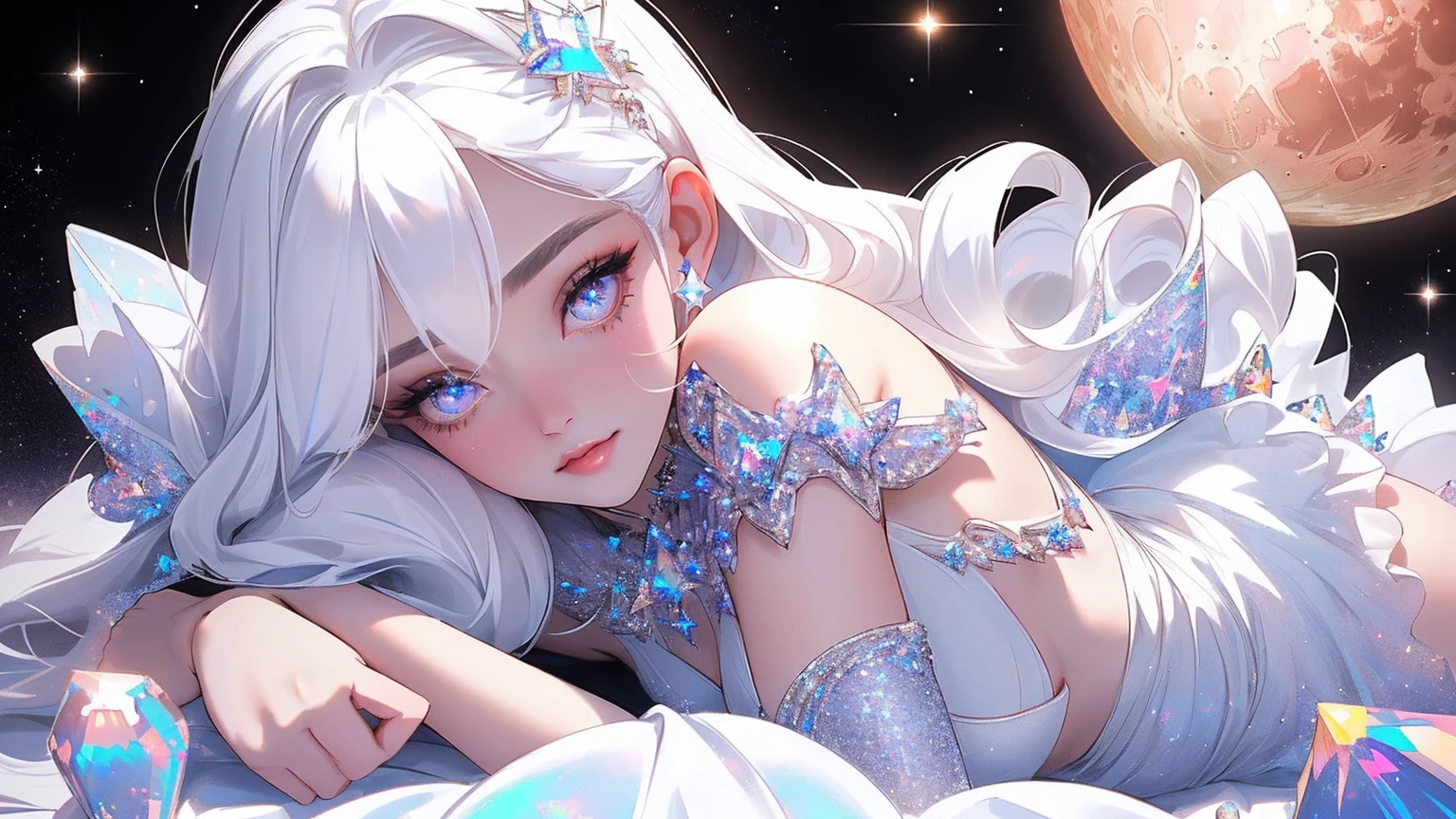 {-erro_de_anatomia:1.0} masterpiece, highest quality, (perfect face:1.1, (high detail)1.1, sweet stardust vampire , long soft white hair, opal eyes, perfectly drawn face, black dress, stars detailed background, prismatic lighting, glitter, whole body,  Laying on the moon.  Very sexy, with chin resting on shoulder , walkink on the stars with cristal shoes.