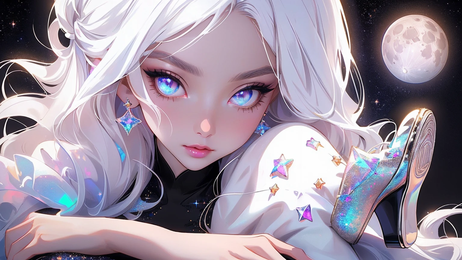 {-erro_de_anatomia:1.0} masterpiece, highest quality, (perfect face:1.1, (high detail)1.1, sweet stardust vampire , long soft white hair, opal eyes, perfectly drawn face, black dress, stars detailed background, prismatic lighting, glitter, whole body, Laying on the moon. Very sexy, with chin resting on shoulder , walkink on the stars with cristal shoes.