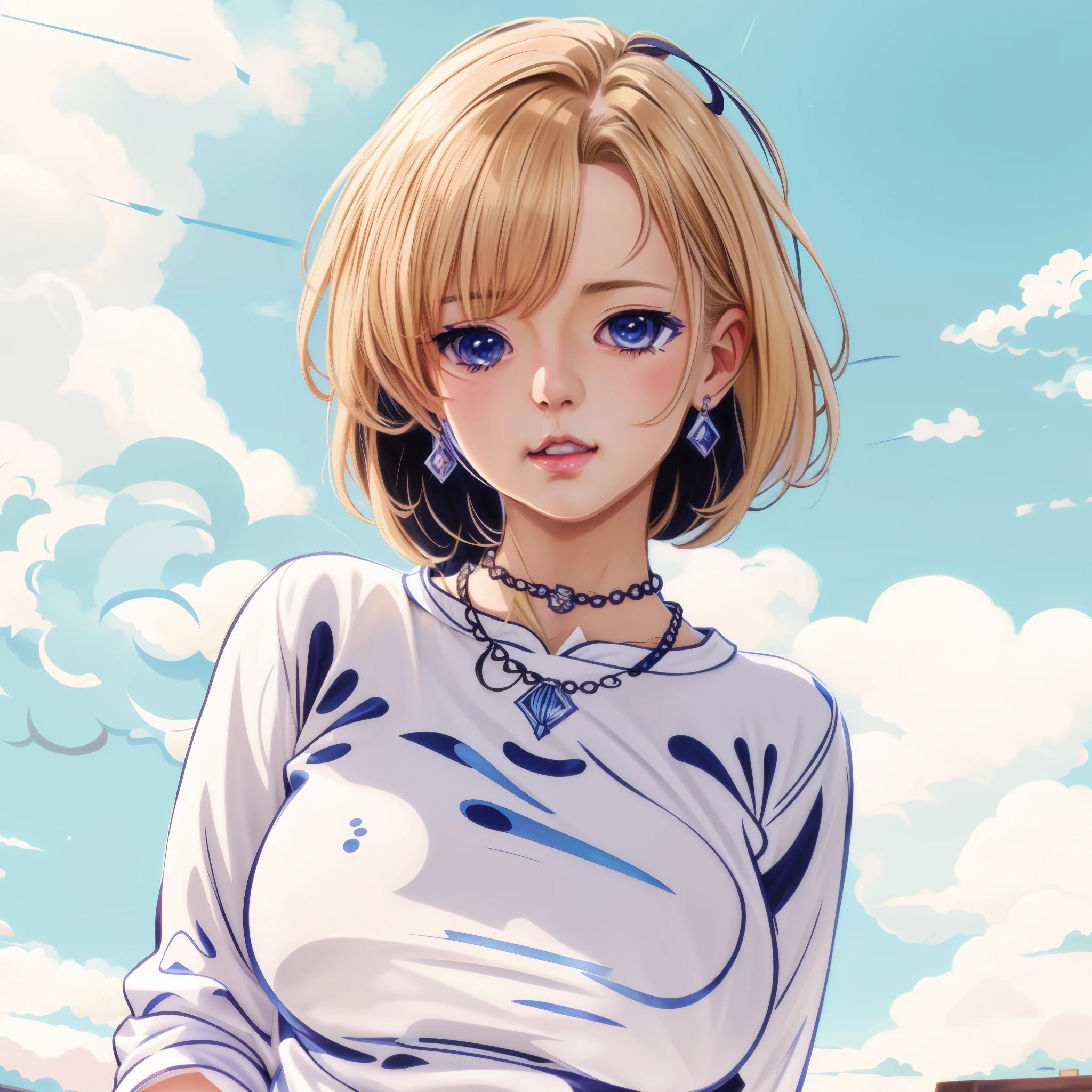 anime girl with blonde hair and blue eyes standing in front of a blue sky, digital anime illustration, smooth anime cg art, detailed digital anime art, anime style portrait, painted in anime painter studio, anime style illustration, clean detailed anime style, detailed portrait of anime girl, digital anime art, seductive anime girl, clean detailed anime art, portrait anime girl