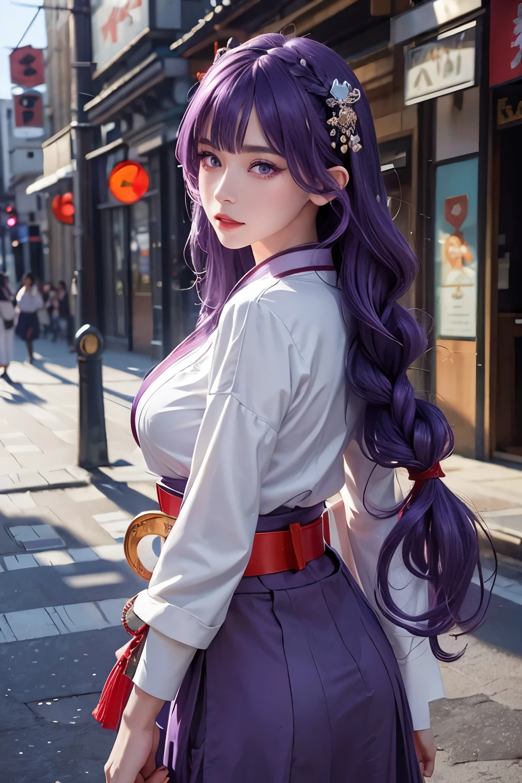 masterpiece,best quality, high resolution, (A busy city street in a modern city:1.4), Cinema lighting,1 girl, Thunder General, Detailed clothes, White clothes, blunt bangs, braid, (medium breasts:1.3),(Breast protrusion:1.3),split, wide-sleeved kimono, (hair accessories:1.3), white japanese clothes, (red belt:1.4), (purple hair:1.4), very long hair, straight hair, Detailed face, Cool face, (smooth jaw:0.85), Keep your mouth shut, long eyelashes, sharp vision, [looking at the audience|look back|look to the side] ,beautiful eyes, delicate eyes, thick eyebrows, red eye shadow, Symmetrical eyes, skirt, [Put your arms behind your back|hands on own chest], highly detailed back ground,(Photorealistic:1.35),dappled sunshine,[from the side|from behind|from below],