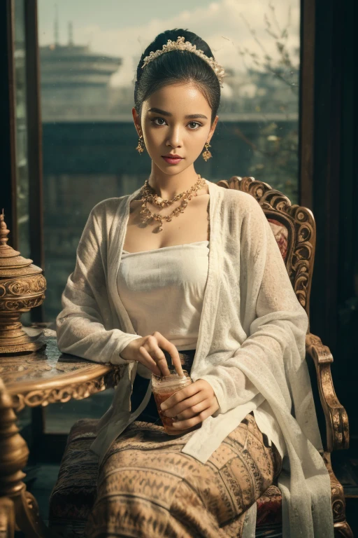 MMTD Burmese patterned traditional dress lady full body details, nice face, fair skin, traditional royal white dress, wearing Parel necklaces, traditional hair style, long scarf on shoulder, sitting on traditional style golden chair look like throne, traditional water jar , cup on tray on a classic table nearby, best composition, full view covered shot, cenimatic lightning and ultra realistic details, octane rendering, sharp focus, unreal engine,32k hd resolution, masterpiece of photography, prize winning award level picture, perfect anatomy