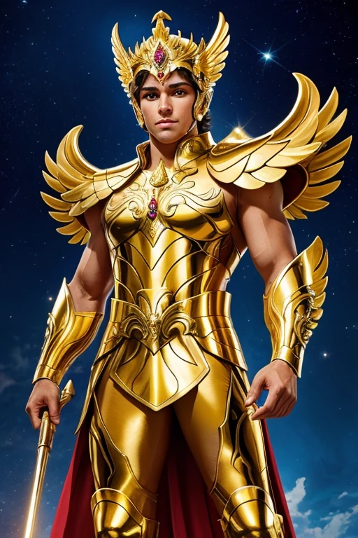 an extremely handsome young man, 18 years old, {{{slightly tanned skin with yellow eyes with an athletic, naked body beneath the armor}}}, {{{with golden armor}}}, {{{details of the wings on the tiara}} }, Create Metalic Greek God Theme, Ancient Dress, Full Body, Olympic Athletes, {{{Showing Face}}}, Realistic Image