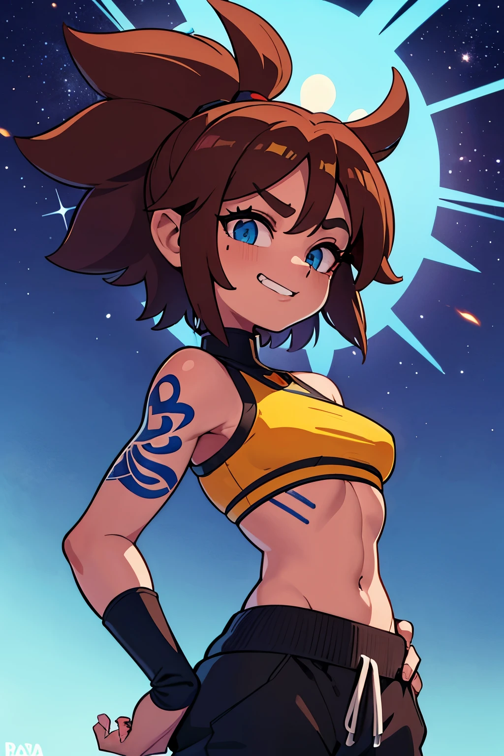 Menina de 18 anos andando pela cidade, cara feliz, black sport bra, jaqueta cinza, black sweatpant, pele limpa, super magra, muito detalhado, rosto detalhado, Cabelo azul comprido, Raquel cozinheira, dynamic camera, torso longo, Banda Alice, pele bronzeada, fones de ouvido, paisagem da cidade cyberpunk, skyscrapers, noite, estrelas, colorful lighting, sorridente, (Symmetrical tattooed torso, tatuagens: 1.4), camera from below, (Careca, raspada head, sem pelos, raspada: 1.5)