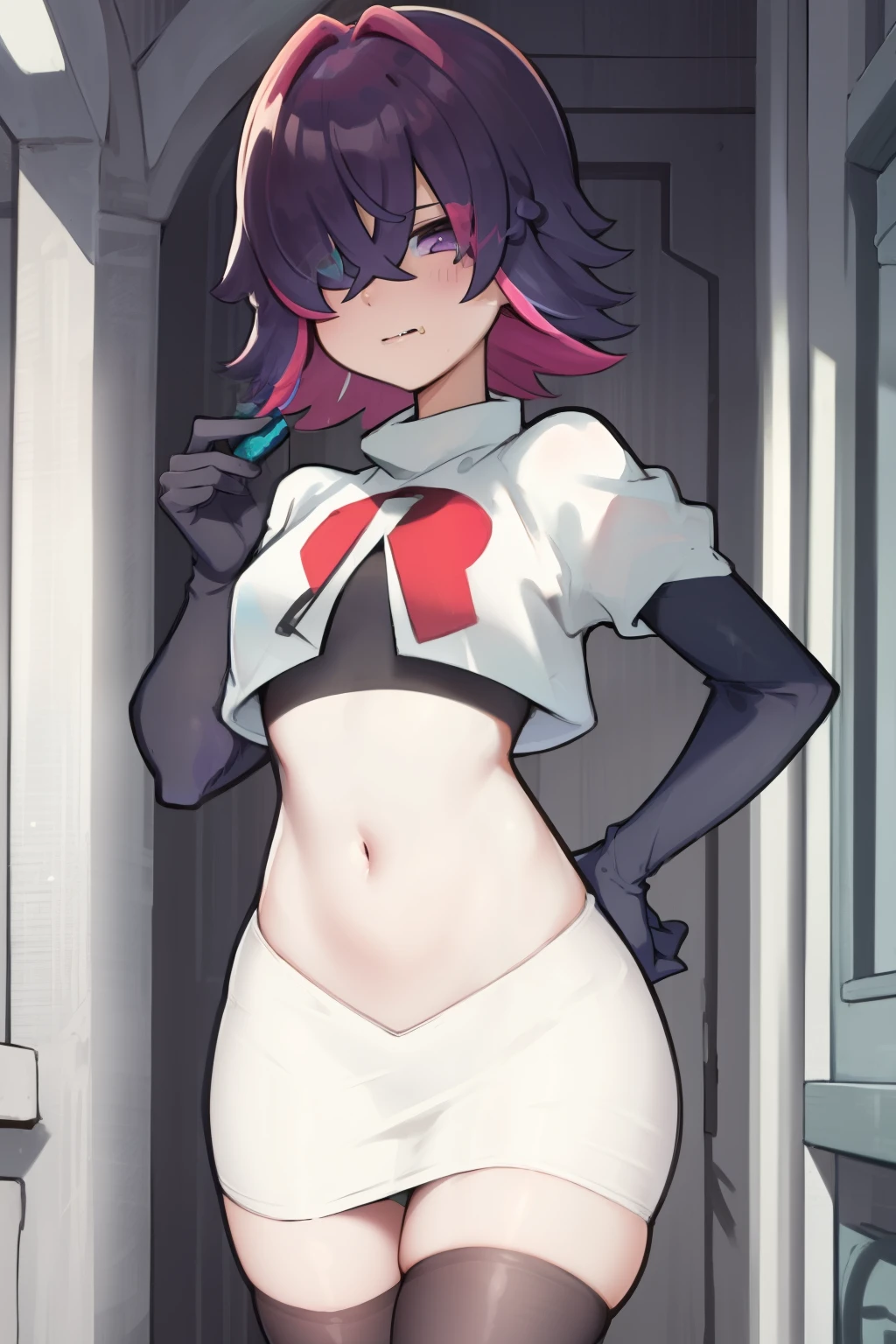 (extremely detailed CG), (best quality), perfect face, shiny skin, lustrous skin,wide hips,  narrow waist,  1girl,solo ,     DotPoke, hair over one eye, purple eyes,short hair, multicolored hair, pink hair, purple hairhair over eyes, team rocket,team rocket uniform,white skirt,red letter R,crop top,black thigh-highs,black elbow gloves, eating donut