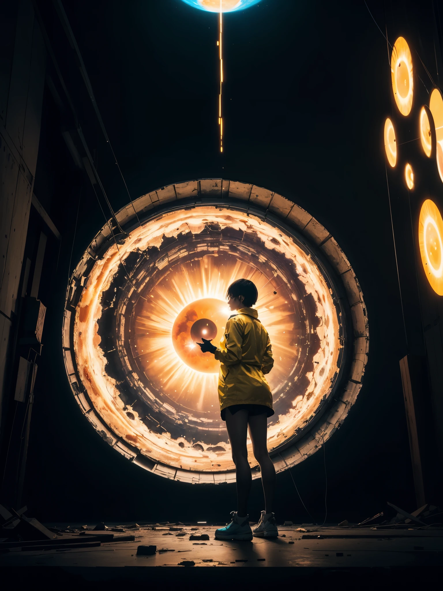 1girl, mini dress, yellow jacket, short hair, abstract painting of the sun and black hole in the middle rising over a ruined city by Gustav Klimt, robot, from below, dreamy glow, neon light, HDR, cinematic lighting,