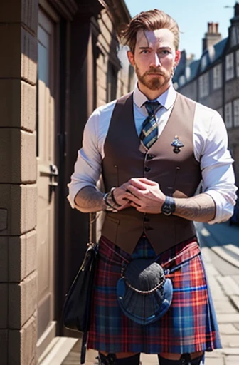 Logan jensen, 25 years old. Very muscular body, dressed in a kilt and topless. Strolling through a garden full of flowering almonds