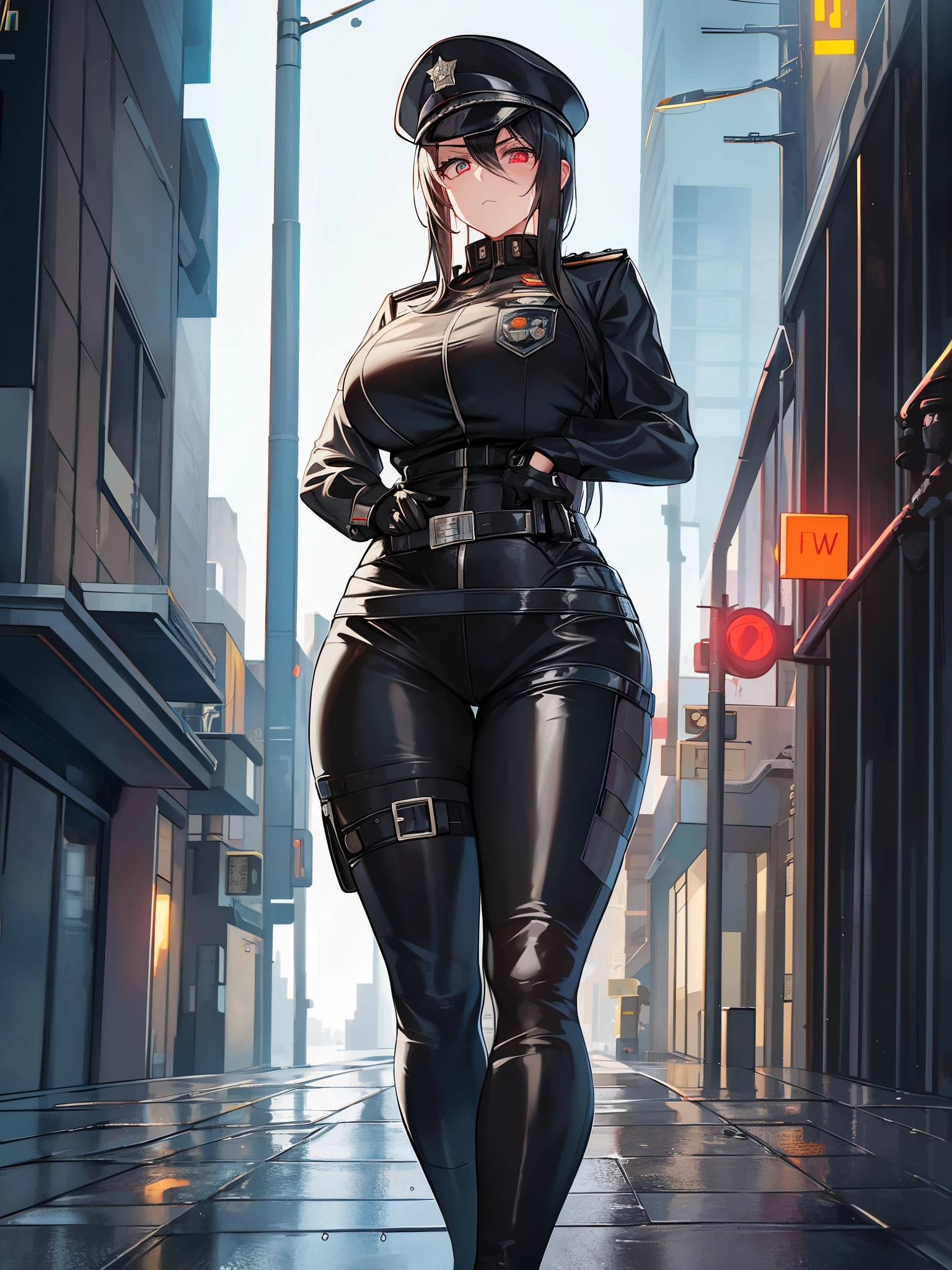 A brave police woman, wearing a black leather outfit tight to her body, with a shiny badge on her chest. His eyes show weariness, but also determination and perseverance. She is standing in the middle of a deserted and gloomy street, with tall buildings all around, creating an atmosphere of imminent danger. The dim lights of the city cast mysterious shadows, revealing only a few details: puddles of water on the street wet by recent rain, a flash of neon reflected in the windows, a danger sign flashing red. The setting conveys a sense of urgency as the police woman looks directly at the viewer, ready to face whatever challenge presents itself.