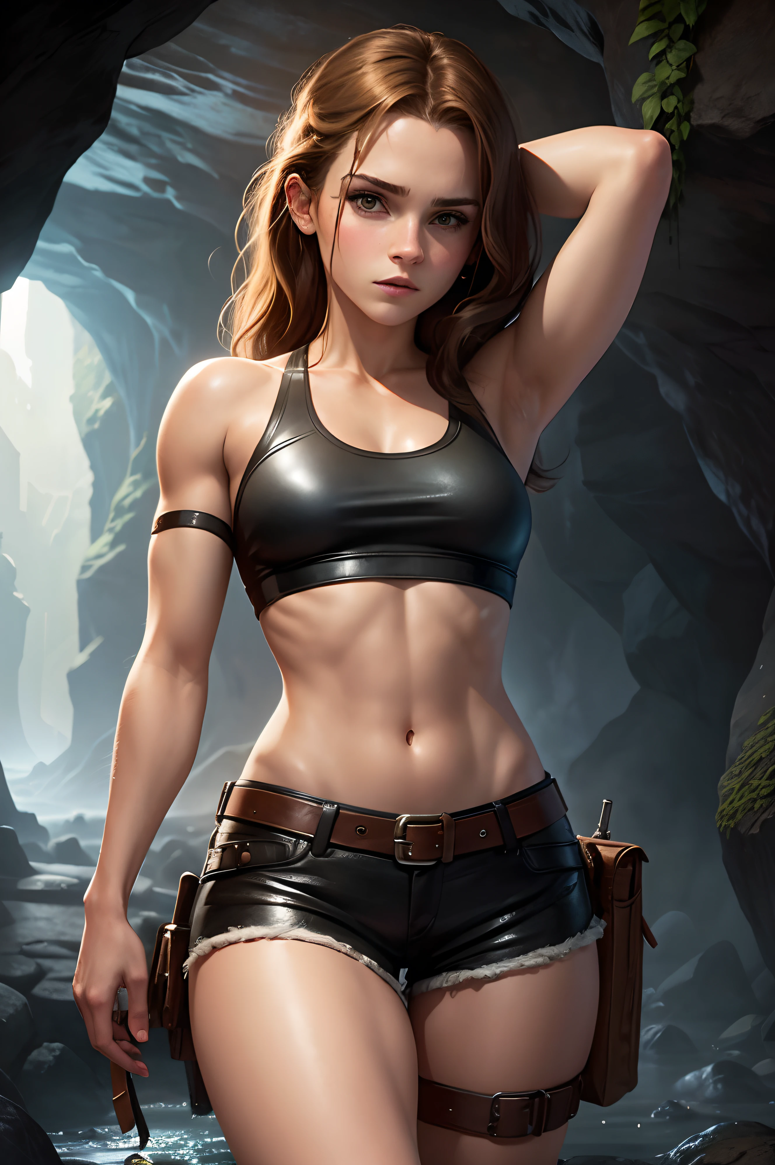 a adolescente Emma Watson como uma Lara Croft sexy dentro de uma caverna. Shorts de couro, corte superior. corpo esguio. Riacho.
