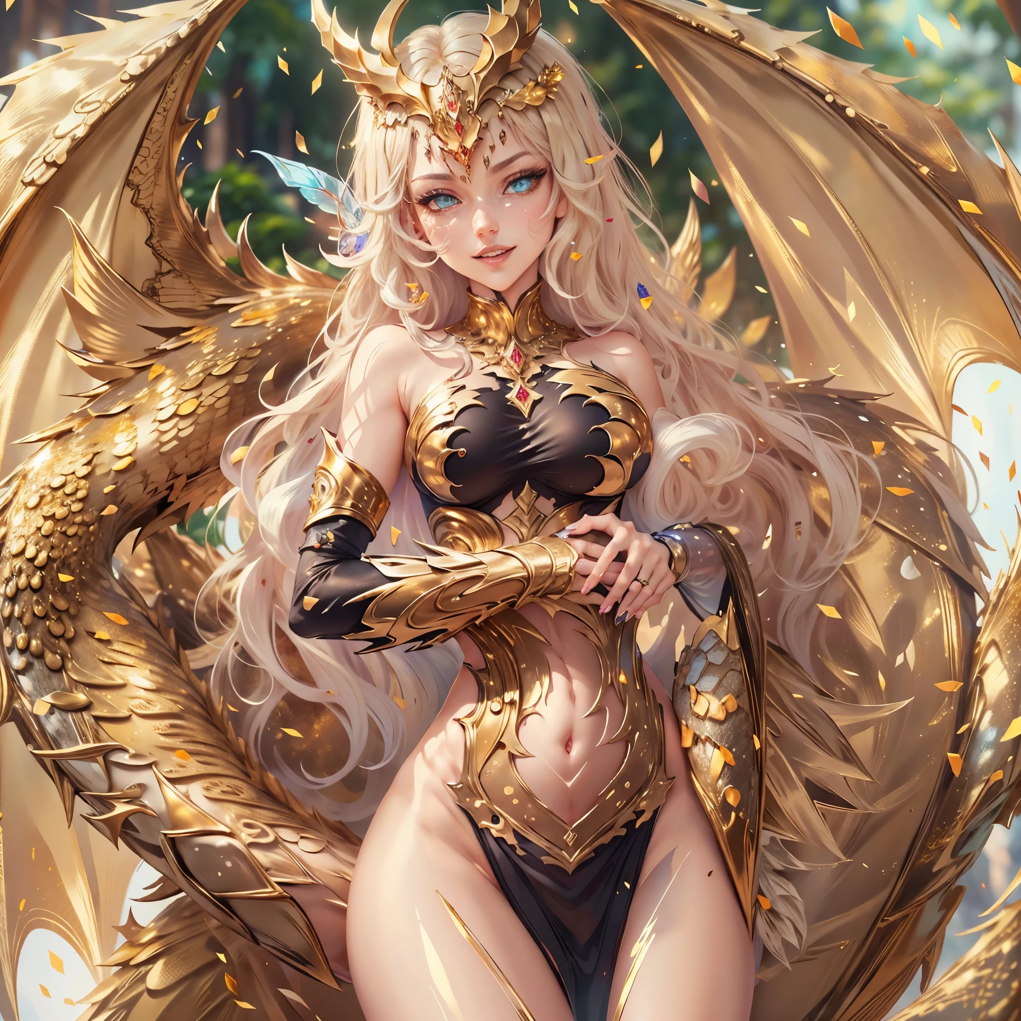 (best quality,4k,8k,highres,masterpiece:1.2), ultra-detailed, realistic, naked sexy dragon woman with gold glittering scales, skin is glittering golden scales, long wavy blonde hair, very playful but mischievous smile, huge tits, gigantic breasts, naked, nude, detailed crotch, detailed vulva, detailed pussy, sexy pose, spread legs, spread pussy lips, playful, bi-coloured eyes, heterochromia, lustful