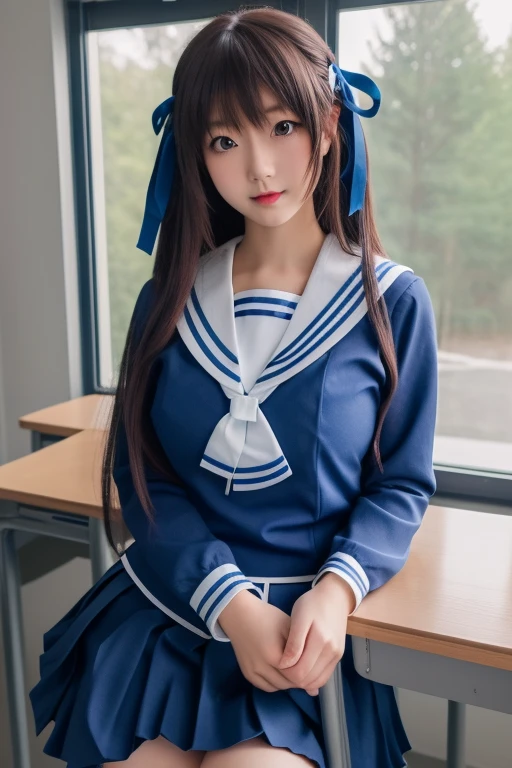 super detailed,very detailed,highest quality,masterpiece,figure,Toru Honda, 1 girl, alone, cosplay, school uniform, hair ribbon,blue seraph, long sleeve, pleated skirt,white sailor collar, long hair, side lock, photo background, indoors, looking at the viewer, Upper body, big breasts
 