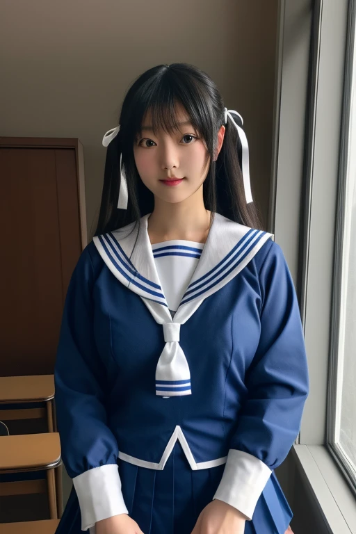 super detailed,very detailed,highest quality,masterpiece,figure,Toru Honda, 1 girl, alone, cosplay, school uniform, hair ribbon,blue seraph, long sleeve, pleated skirt,white sailor collar, long hair, side lock, photo background, indoors, looking at the viewer, Upper body, big breasts
 