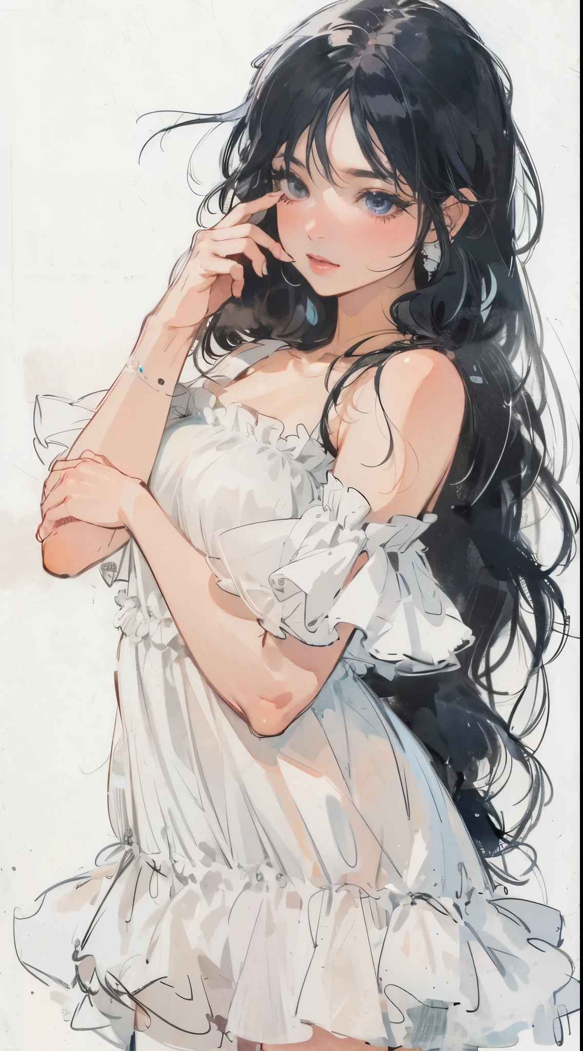 Beautiful young girl, big breasts, long fluffy black hair, low twin tails, white chiffon dress, fluffy dress, finger to lips, bending forward, top shot,Clear line drawing, transparent watercolor, clear shading, high quality, amount of drawing, pixiv illustration