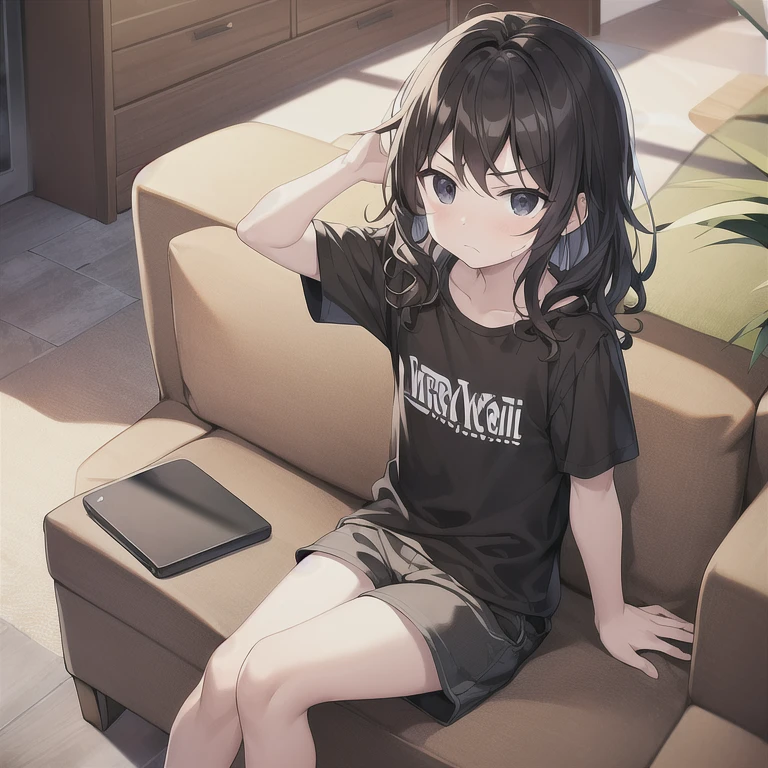 masterpiece, best quality, HDR, 1boy, wavy hair, medium hair, black hair, black eyes, black shirt, brown shorts, sitting, couch, frown