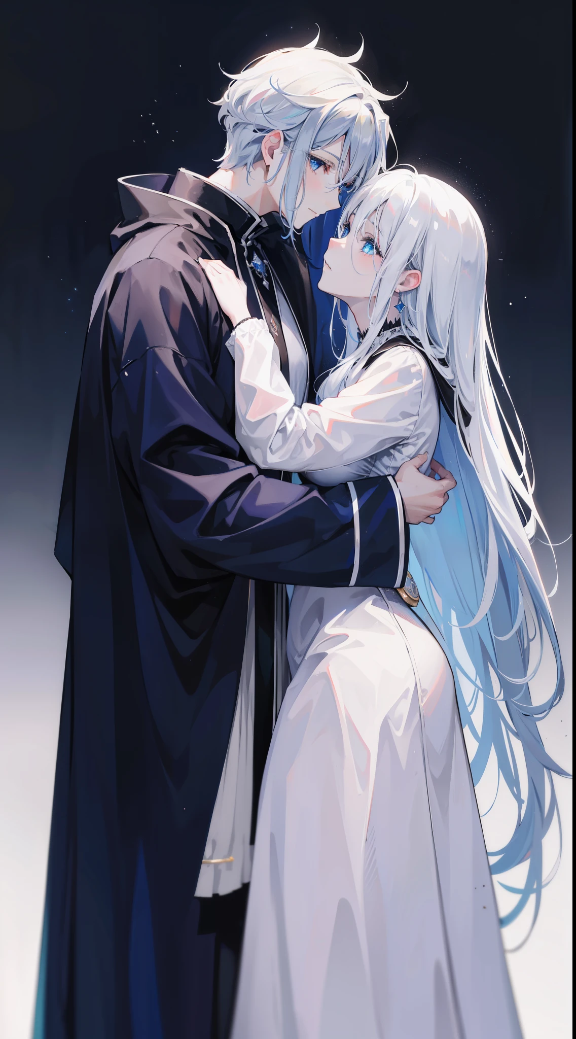 1man, Sharp blue eyes with sharp pupils, white sharp hair and he was wearing black noble robes and, Intimate hugs and kisses with his lovely wife ((41 year old face))、Deep ties、Angelic smile
