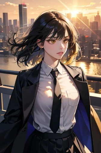 1 girl, intricate details, masterpiece, highest quality, very detailed,cinematic lighting, beautiful delicate shine, Beautiful detailed face and eyes, 8K, dark intense shadow, yellow eyes, medium hair, black hair, bangs, floating hair, black jacket, open jacket, white shirt, Expressionless, yellow necktie, black skirt, Spotlight, sunlight, sunrise, Gradient sky, city, Lens flare, cowboy shot, [[winding]], [mature woman]