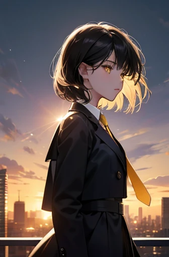 1 girl, intricate details, masterpiece, highest quality, very detailed,cinematic lighting, beautiful delicate shine, Beautiful detailed face and eyes, 8K, dark intense shadow, yellow eyes, medium hair, black hair, bangs, floating hair, black jacket, open jacket, white shirt, Expressionless, yellow necktie, black skirt, Spotlight, sunlight, sunrise, Gradient sky, city, Lens flare, cowboy shot, [[winding]], [mature woman]