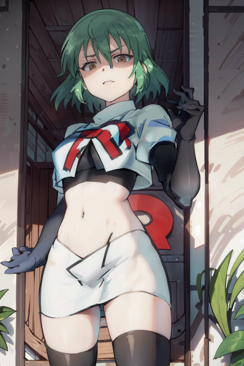 (((pixel-perfect, detail-perfect))), solo, 1girl, hikage, crop top, tattoo, looking at viewer, shaded face, v-eyebrows, team rocket,team rocket uniform, red letter R, white skirt,white crop top,black thigh-highs,black elbow gloves,