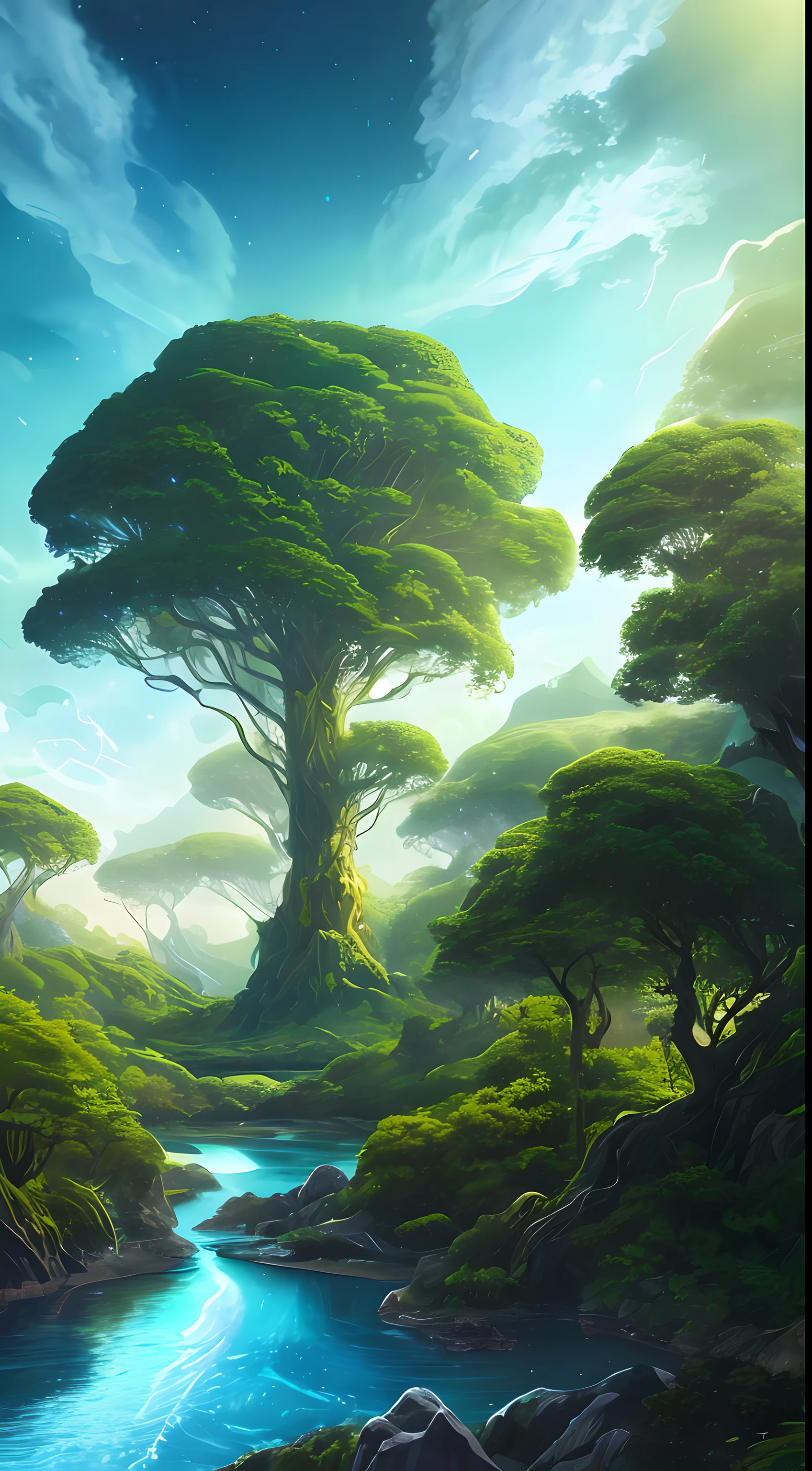 surreal illustrations, otherworldly, Ultra sky scene，Including giant crystal tree body, Highly detailed and magical lighting, Intricate forest details, vegetation and surrounding rivers, Solar punk, landscape, giant tree , Beautiful green leaves, Beautiful lighting and realistic proportions, As if this is the background of the movie, 8k, best quality, masterpiece, Clouds and stars in the sky.