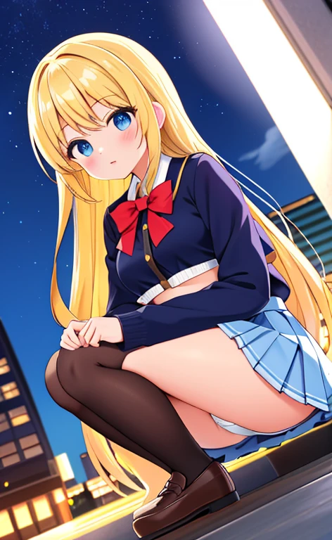 Beautiful long blonde hair squat with legs apart small tits Low - Angle facing the front high school girl pleated skirt mini skirt long sleeve white panties downtown at night