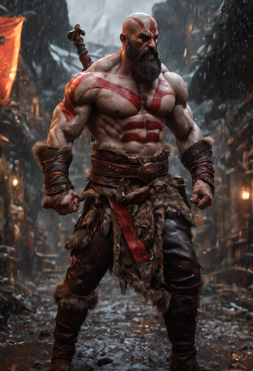 (professional 3d render:1.3) af (Realistic:1.3) most beautiful artwork photo in the world,Features soft and shiny male heroes, ((Epic hero fantasy muscle man KRATOS rough wet hero angry look long hair short beard and ferocious expression in dynamic pose, Fantastic location, Majestic cluttered environment)), full body 8k unity render, action shot, skin pore, very dark lighting, heavyshading, Detailed, Detailed face, (vibrant, photograph realistic, Realistic, Dramatic, Dark, Sharp focus, 8K), (Old leather garments damaged by weathering:1.4), ((((Wear fur)))), (Intricate:1.4), decadent, (Highly detailed:1.4), Digital painting, rendering by octane, art stations, concept-art, smooth, Sharp focus, illustration, Art germ, (loish:0.23), wlop ilya kuvshinov, and greg rutkowski and alphonse mucha gracias, (Global illumination, Studio light, volumettic light), heavy rain, particles floating, lotr, fantasy, elf, full bodyesbian, ((Dark and ancient city background:1.3)),CGSesociety,art stations, Fighting giant muscular T-Rex Theriantrophy ready to fight it. (BACK ANGLE), ray tracing, Bokeh