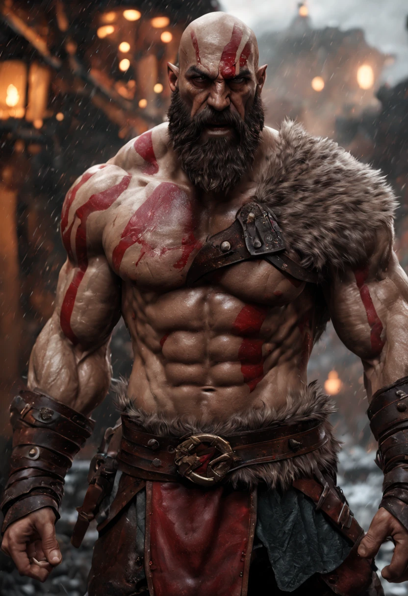 (professional 3d render:1.3) af (Realistic:1.3) most beautiful artwork photo in the world,Features soft and shiny male heroes, ((Epic hero fantasy muscle man KRATOS rough wet hero angry look long hair short beard and ferocious expression in dynamic pose, Fantastic location, Majestic cluttered environment)), full body 8k unity render, action shot, skin pore, very dark lighting, heavyshading, Detailed, Detailed face, (vibrant, photograph realistic, Realistic, Dramatic, Dark, Sharp focus, 8K), (Old leather garments damaged by weathering:1.4), ((((Wear fur)))), (Intricate:1.4), decadent, (Highly detailed:1.4), Digital painting, rendering by octane, art stations, concept-art, smooth, Sharp focus, illustration, Art germ, (loish:0.23), wlop ilya kuvshinov, and greg rutkowski and alphonse mucha gracias, (Global illumination, Studio light, volumettic light), heavy rain, particles floating, lotr, fantasy, elf, full bodyesbian, ((Dark and ancient city background:1.3)),CGSesociety,art stations, Fighting giant muscular T-Rex Theriantrophy ready to fight it. (BACK ANGLE), ray tracing, Bokeh