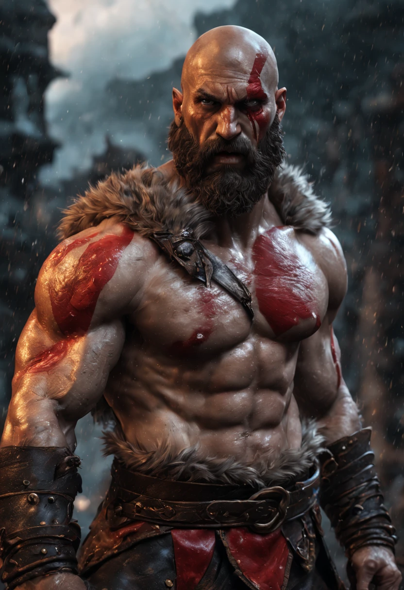 (professional 3d render:1.3) af (Realistic:1.3) most beautiful artwork photo in the world，Features soft and shiny male heroes, ((Epic hero fantasy muscle man KRATOS rough wet hero angry look long hair short beard and ferocious expression in dynamic pose, Fantastic location, Majestic cluttered environment)), full body 8k unity render, action shot, skin pore, very dark lighting, heavyshading, Detailed, Detailed face, (vibrant, photograph realistic, Realistic, Dramatic, Dark, Sharp focus, 8K), (Old leather garments damaged by weathering:1.4), ((((Wear fur)))), (Intricate:1.4), decadent, (Highly detailed:1.4), Digital painting, rendering by octane, art stations, concept-art, smooth, Sharp focus, illustration, Art germ, (loish:0.23), wlop ilya kuvshinov, and greg rutkowski and alphonse mucha gracias, (Global illumination, Studio light, volumettic light), heavy rain, particles floating, lotr, fantasy, elf, full bodyesbian, ((Dark and ancient city background:1.3)),CGSesociety,art stations, Fighting giant muscular T-Rex Theriantrophy ready to fight it. (BACK ANGLE), ray tracing, Bokeh