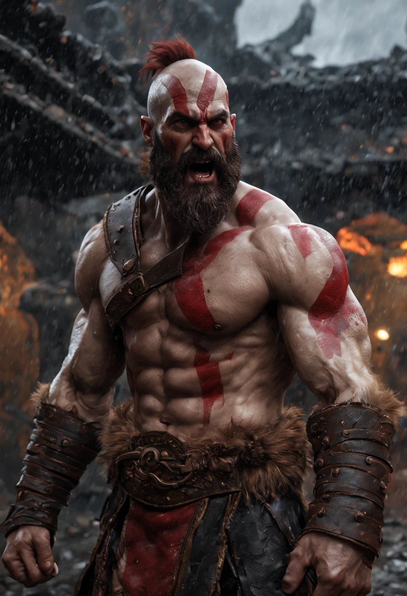 (professional 3d render:1.3) af (Realistic:1.3) most beautiful artwork photo in the world，Features soft and shiny male heroes, ((Epic hero fantasy muscle man KRATOS rough wet hero angry look long hair short beard and ferocious expression in dynamic pose, Fantastic location, Majestic cluttered environment)), full body 8k unity render, action shot, skin pore, very dark lighting, heavyshading, Detailed, Detailed face, (vibrant, photograph realistic, Realistic, Dramatic, Dark, Sharp focus, 8K), (Old leather garments damaged by weathering:1.4), ((((Wear fur)))), (Intricate:1.4), decadent, (Highly detailed:1.4), Digital painting, rendering by octane, art stations, concept-art, smooth, Sharp focus, illustration, Art germ, (loish:0.23), wlop ilya kuvshinov, and greg rutkowski and alphonse mucha gracias, (Global illumination, Studio light, volumettic light), heavy rain, particles floating, lotr, fantasy, elf, full bodyesbian, ((Dark and ancient city background:1.3)),CGSesociety,art stations, Fighting giant muscular T-Rex Theriantrophy ready to fight it. (BACK ANGLE), ray tracing, Bokeh