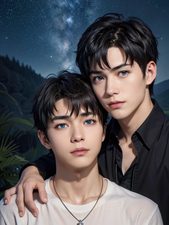 photorealistic, masterpiece, 8к HD, Good lighting quality, Portrait of two boys, amazingly beautiful faces, complex parts), Two handsome young Japanese boys 15 years old, cutes, loving look, looking at each other enthusiastically , hugging each other ! Detailed face, Detailed eyes, глаза Янтарного цвета у одного мальчика и Blue eyes у другого мальчика ! Naked, Necklace, Blue eyes, and amber eyes ,(pale skin), slender physique, Black hair, one boy and the other boy has light brown smooth hair, hair bangs, Hairstyle &quot;Wolf cut&quot;, on open air, Twilight, stars, Starfall . lightning bolts, cosmic, dreamy world, surrealism, unearthly .Show the happy and loving state of both boys !