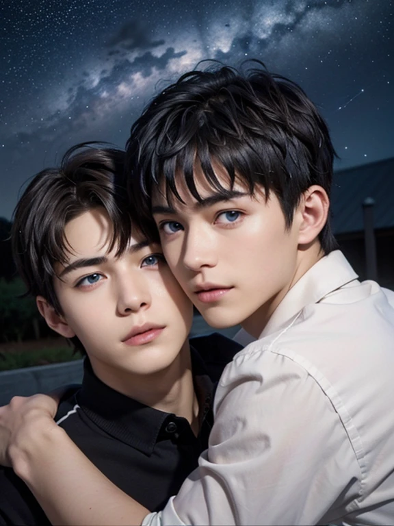 photorealistic, masterpiece, 8к HD, Good lighting quality, Portrait of two boys, amazingly beautiful faces, complex parts), Two handsome young Japanese boys 15 years old, cutes, loving look, looking at each other enthusiastically , hugging each other ! Detailed face, Detailed eyes, глаза Янтарного цвета у одного мальчика и Blue eyes у другого мальчика ! Naked, Necklace, Blue eyes, and amber eyes ,(pale skin), slender physique, Black hair, one boy and the other boy has light brown smooth hair, hair bangs, Hairstyle &quot;Wolf cut&quot;, on open air, Twilight, stars, Starfall . lightning bolts, cosmic, dreamy world, surrealism, unearthly .Show the happy and loving state of both boys !