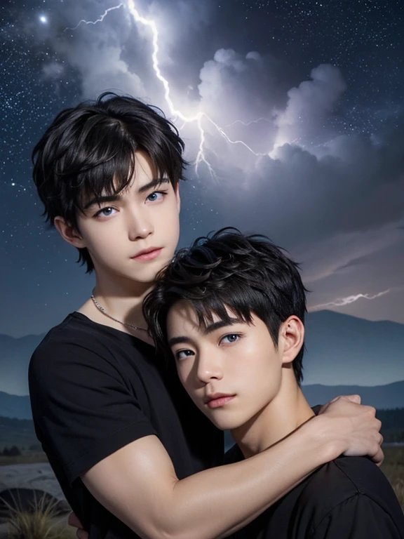 photorealistic, masterpiece, 8к HD, Good lighting quality, Portrait of two boys, amazingly beautiful faces, complex parts), Two handsome young Japanese boys 15 years old, cutes, loving look, looking at each other enthusiastically , hugging each other ! Detailed face, Detailed eyes, глаза Янтарного цвета у одного мальчика и Blue eyes у другого мальчика ! Naked, Necklace, Blue eyes, and amber eyes ,(pale skin), slender physique, Black hair, one boy and the other boy has light brown smooth hair, hair bangs, Hairstyle &quot;Wolf cut&quot;, on open air, Twilight, stars, Starfall . lightning bolts, cosmic, dreamy world, surrealism, unearthly .Show the happy and loving state of both boys !