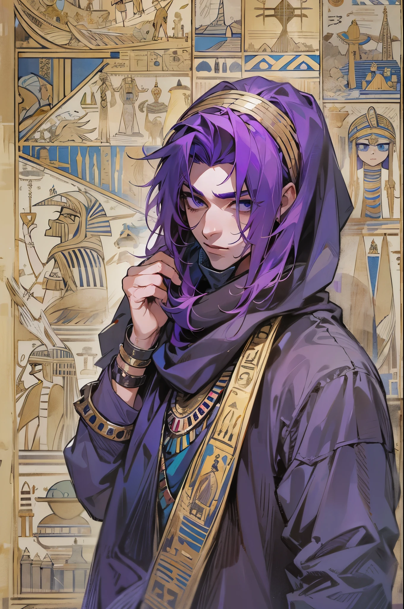 1male, purple hair, messy spikey hair, egyptian clothing, egyptian scarf over face, plan design background, 