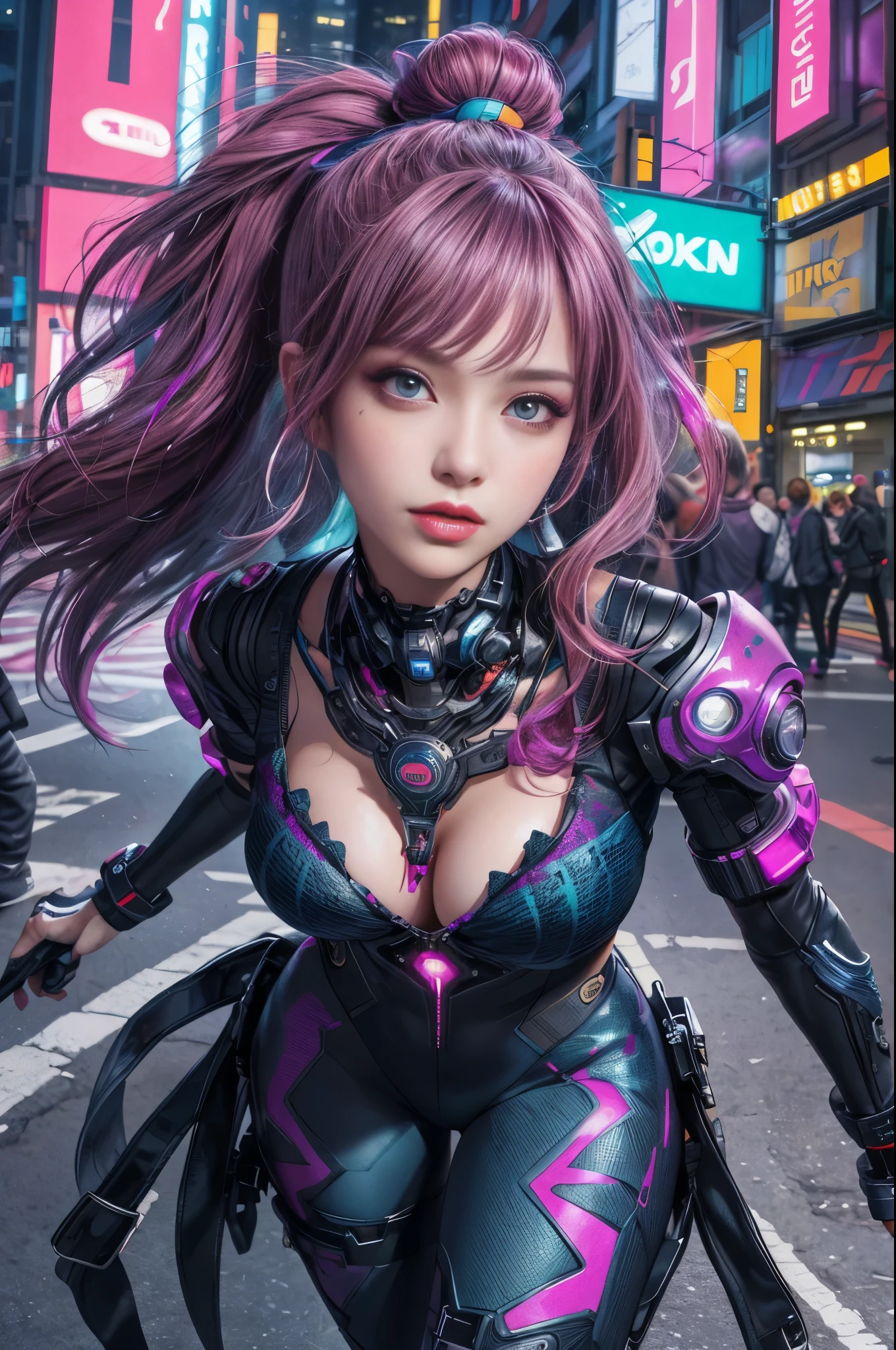 8k,masterpiece, best quality, Confident cyberpunk girl, full-body shot, Harajuku-style fashionable clothing, Bold colors and patterns, eye-catching accessories, Stylish and innovative hairstyle, Vibrant makeup, Cyberpunk’s dizzying cityscapes, skyscraper, neon lights, LED lights, Bright and vivid color scheme, anime big breasts, illustration, Detailed skin texture, Detailed fabric texture, Beautiful and delicate face, intricate details, Super detailed.