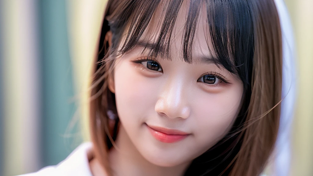 Looking at the audience, light makeup, realism, realistic photos, professional color correction, 8K, F2.4 aperture, 35mm lens, realistic real face, only the face area is included, ultra detailed, medium hair, bangs, smile.