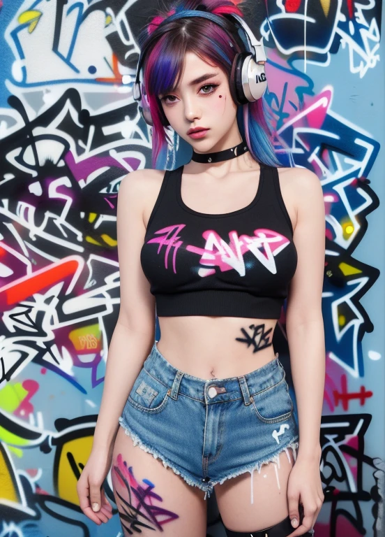 Masterpiece, best quality, 1 girl, alone, crop top, Denim shorts, choker, (Graffiti:1.5), Color splash, arms behind back, against wall, look at viewer, armband, thigh strap, Paint on the body., tilt your head, bored, multicolored hair, tear, Headset,