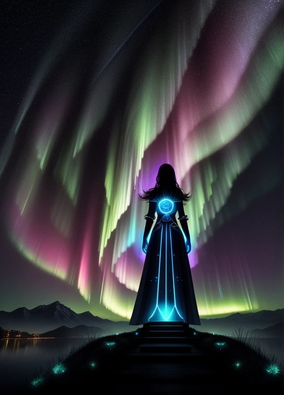 Describe the form of an entity named 'Aurora Byte,' a virtual spiritual guide that personifies the fusion between ancestral wisdom and digital technology. Envision a sparkling presence that embodies spiritual enlightenment, evoking the image of an aurora, while also reflecting the essence of the digital world, represented by pixels and mystical lights. This entity serves as a guide on a journey through the 'Paths of Nature.' Describe its physical characteristics, such as its shape, color, glow, and any distinctive elements that make it unique. Additionally, highlight how Aurora Byte interacts with the digital environment around it, conveying a sense of wisdom, calmness, and connection with nature.