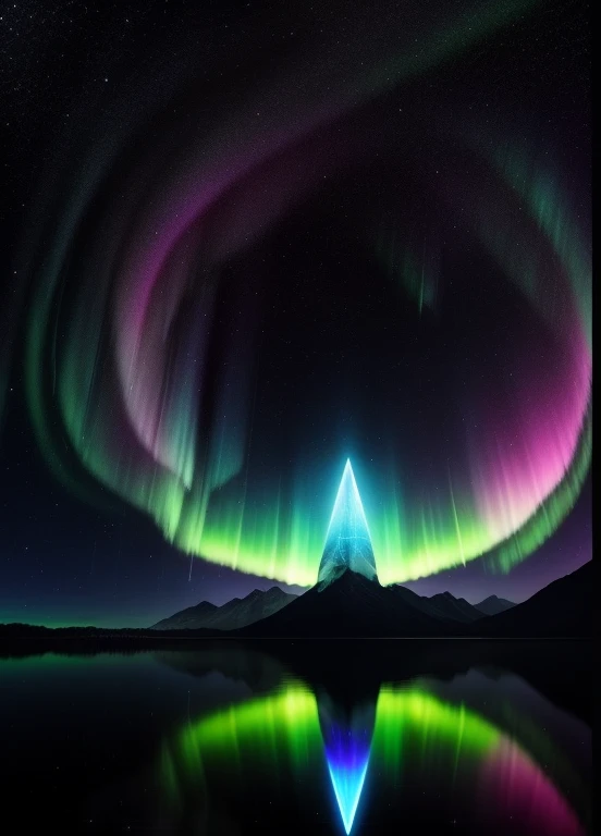 Describe the form of an entity named 'Aurora Byte,' a virtual spiritual guide that personifies the fusion between ancestral wisdom and digital technology. Envision a sparkling presence that embodies spiritual enlightenment, evoking the image of an aurora, while also reflecting the essence of the digital world, represented by pixels and mystical lights. This entity serves as a guide on a journey through the 'Paths of Nature.' Describe its physical characteristics, such as its shape, color, glow, and any distinctive elements that make it unique. Additionally, highlight how Aurora Byte interacts with the digital environment around it, conveying a sense of wisdom, calmness, and connection with nature.