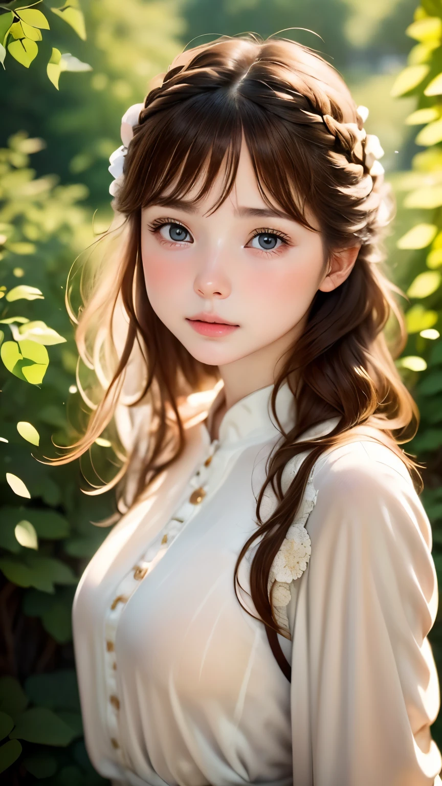 blurred background、anatomy、Russian２０Talented Woman、small face、detailed beautiful eyes、plump lips、detailed eyes and face、fascinating eye color、long eyelashes、1 girl、skin like white porcelain、Soft and delicate skin、bangs are short、medium long hair、brown hair、careful depiction of hair、An ennui look、elegant posture、Natural light、Impressionist painting style、great atmosphere、silence、rosy cheeks、born、highest quality、High resolution、masterpiece:1.3、８ｋ