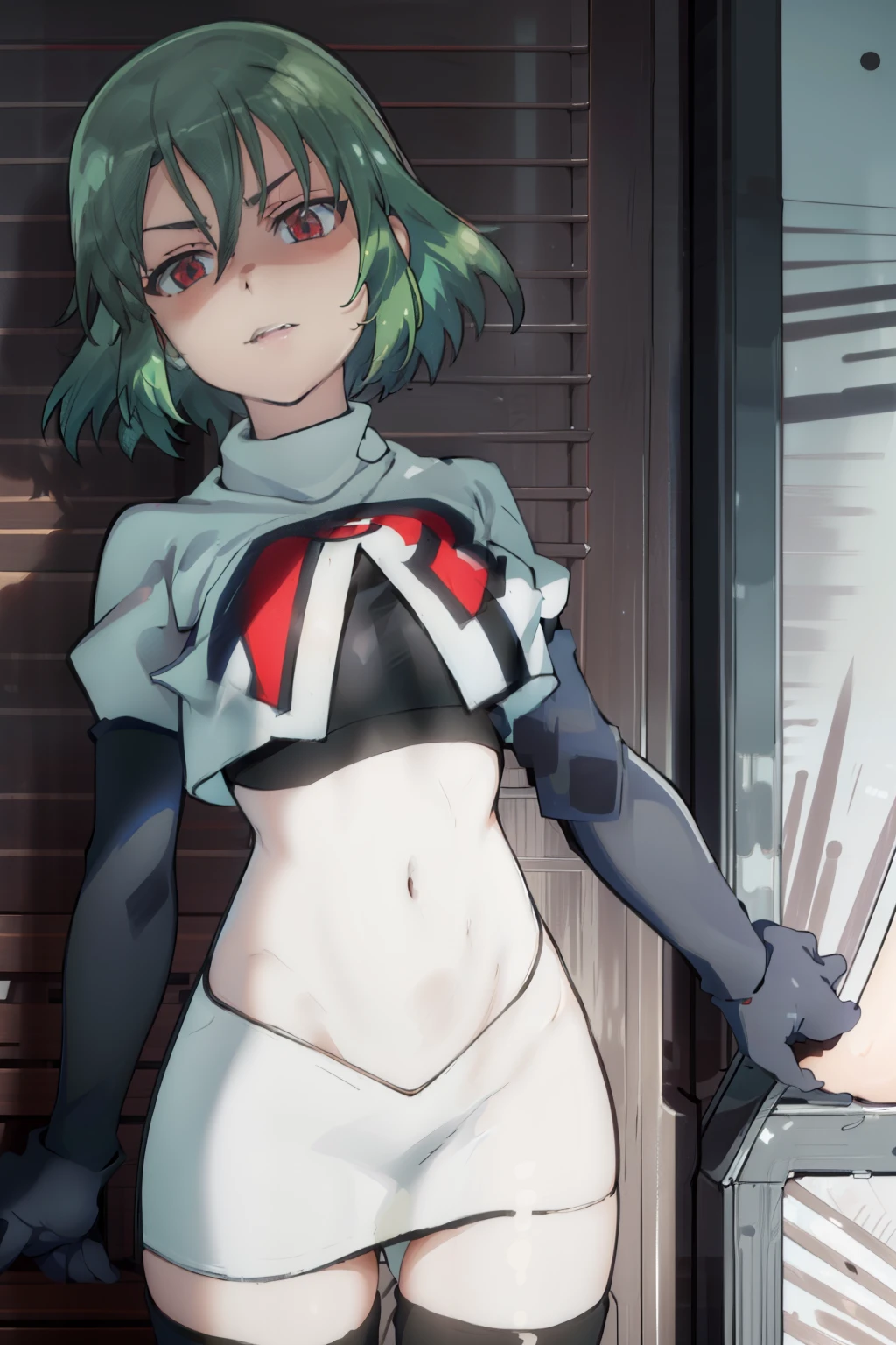 (((pixel-perfect, detail-perfect))), solo, 1girl, hikage, crop top, tattoo, looking at viewer, shaded face, v-eyebrows, team rocket,team rocket uniform, red letter R, white skirt,white crop top,black thigh-highs,black elbow gloves,