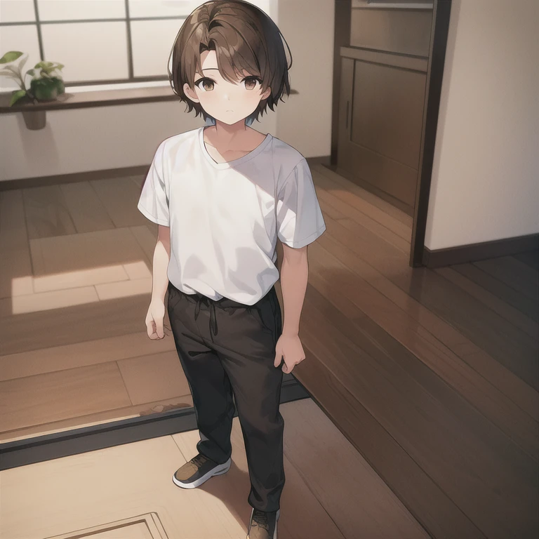 masterpiece, best quality, HDR, 1boy, solo, child, straight hair, short hair, brown hair, brown eyes, white shirt, black shorts, standing, living room