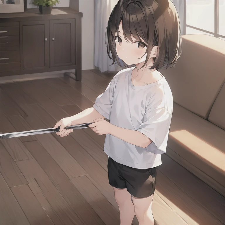 masterpiece, best quality, HDR, 1boy, solo, child, straight hair, short hair, brown hair, brown eyes, white shirt, black shorts, standing, living room