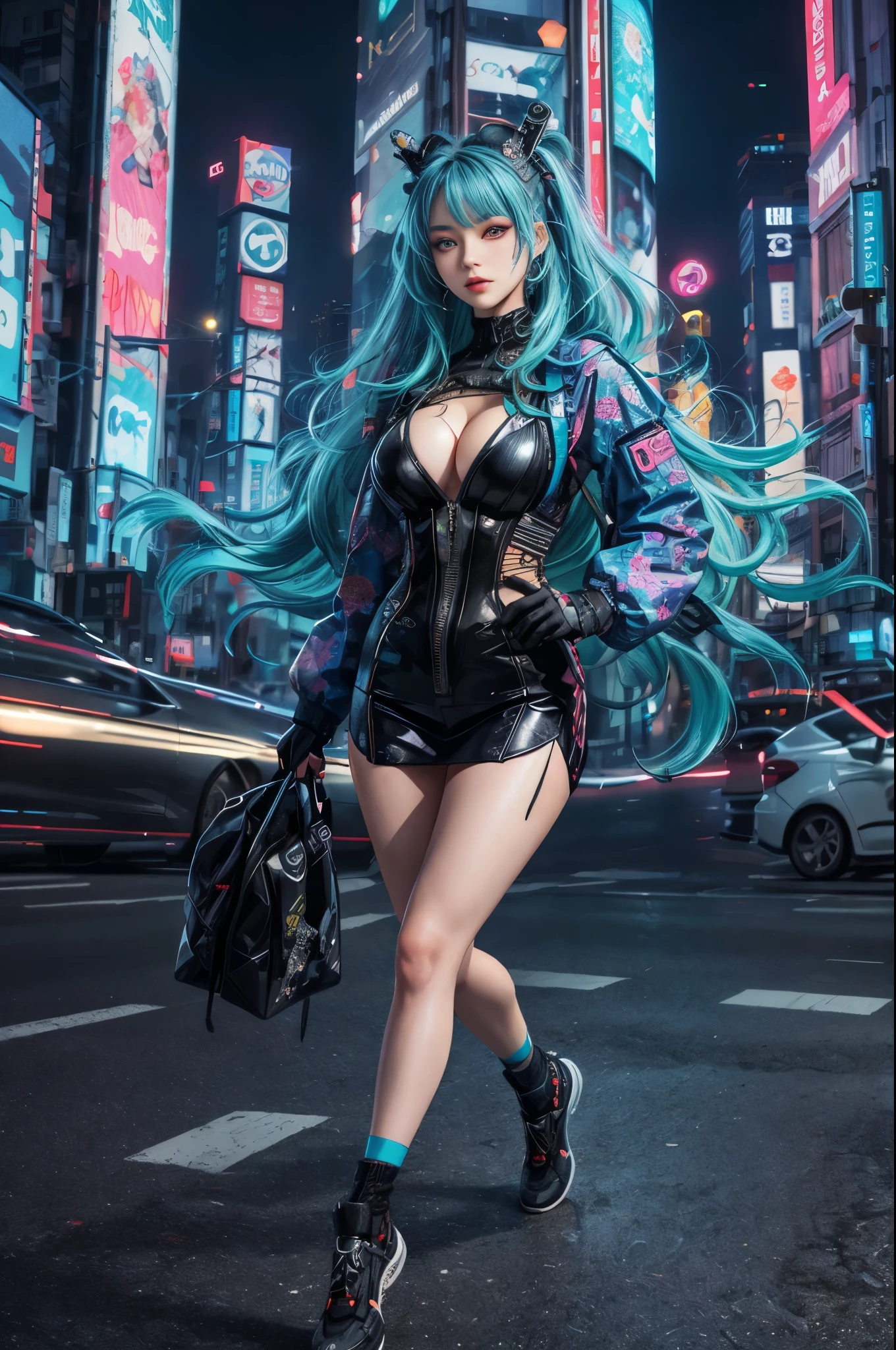 8k,masterpiece, best quality, Confident cyberpunk girl, full-body shot, Harajuku-style fashionable clothing, Bold colors and patterns, eye-catching accessories, Stylish and innovative hairstyle, Vibrant makeup, Cyberpunk’s dizzying cityscapes, skyscraper, neon lights, LED lights, Bright and vivid color scheme, anime big breasts, illustration, Detailed skin texture, Detailed fabric texture, Beautiful and delicate face, intricate details, Super detailed.