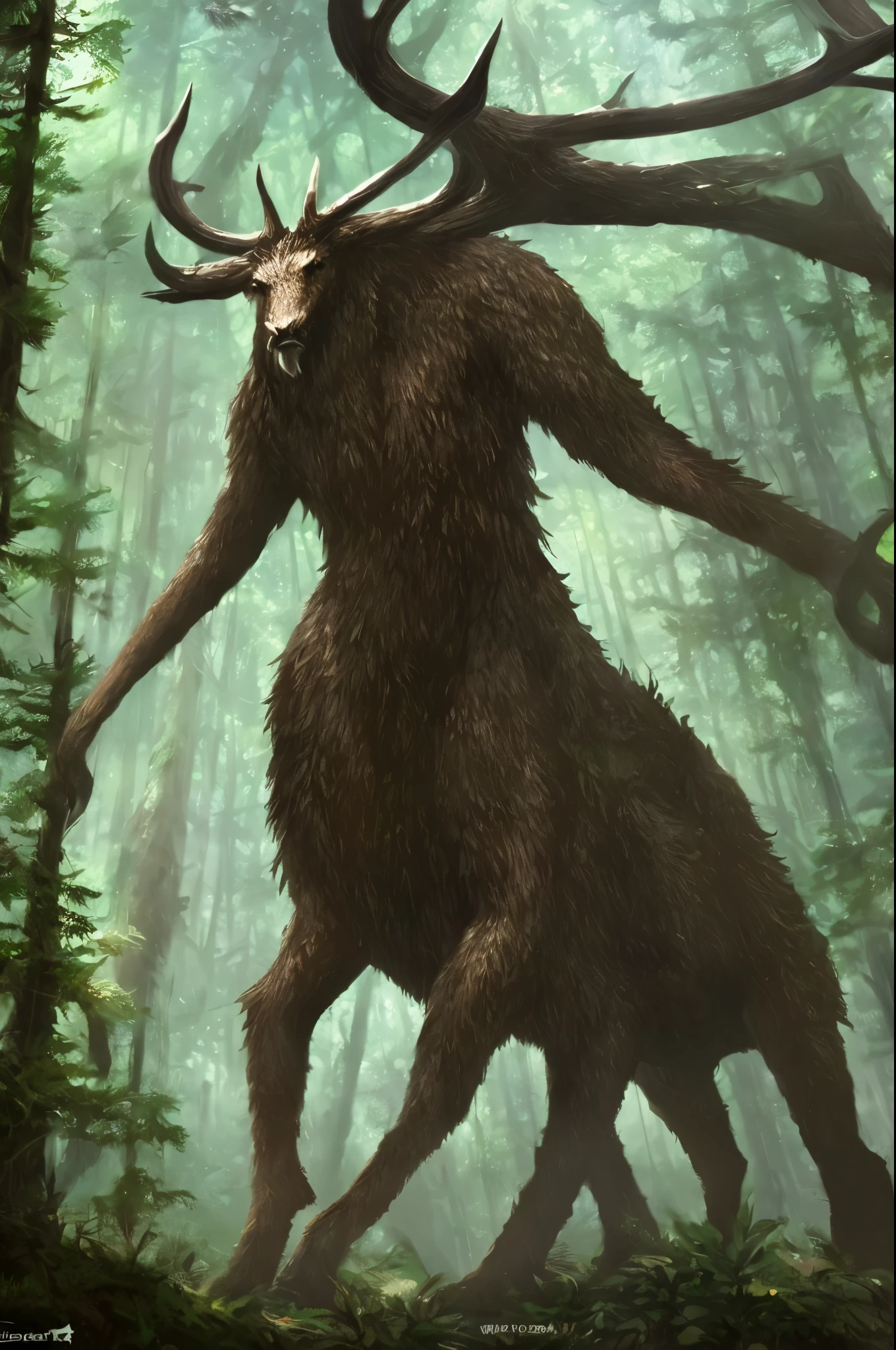deer monster, 5 meters tall, in a forest, wendigo, digital art, trending on art startion pixiv, magic the gatehring art style , epic fantasy art style,