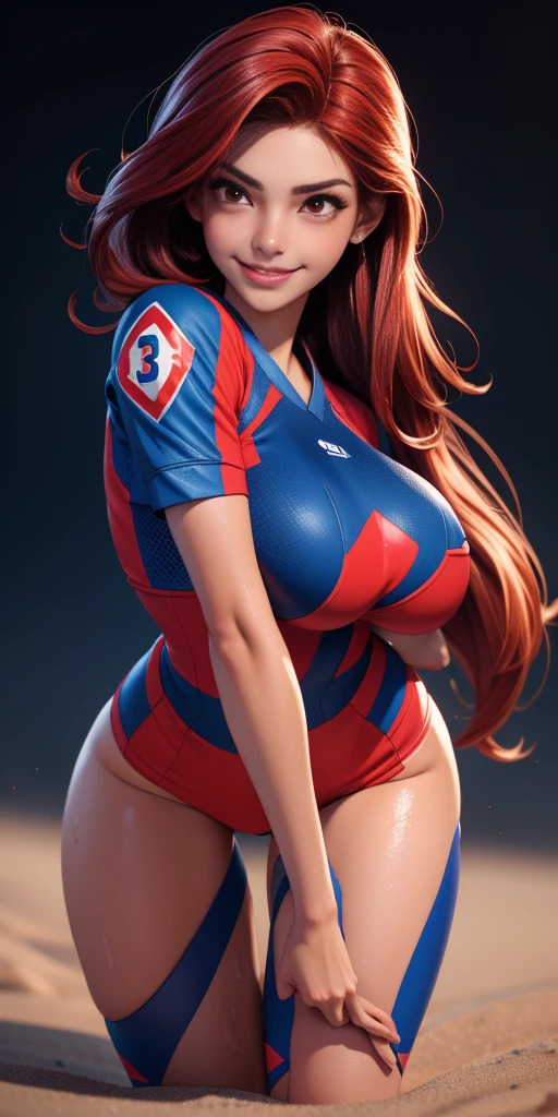 Body position: Full body, standing, straight, symmetrical, barefoot.
Lustful smile on face with red blush,
(A girl playing football, blue football uniform), (sweating:1.2), (wet), sexy, blushing,
masterpiece:1.2, best quality), realistic, (real picture, intricate details, depth of field), (1girl, solo), make up, parted lips, highly-detailed, perfect face,
(huge breasts:1.4), (skindentation), thick thighs, wide hips, small waist, tall, glossy coral lips,
red hairs, red eyes, long messy hair,